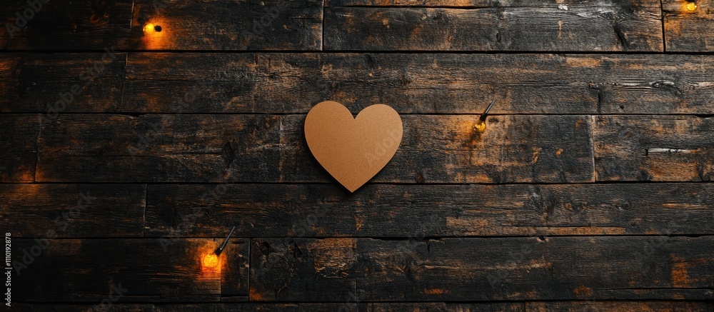 Poster Cardboard heart symbolizing love on a rustic wooden table with soft lighting creating a warm and inviting atmosphere for romantic themes