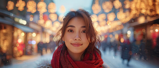 Young woman smiles in festive downtown street with glowing lights during winter evening