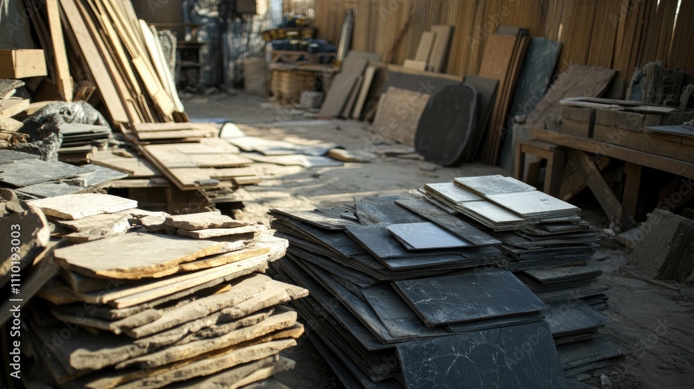 Poster Construction site with various building materials stacked on a rustic floor showcasing wood and stone elements in a working environment
