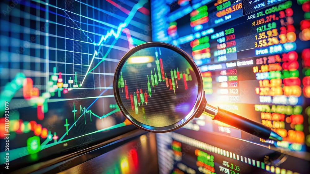 Poster a magnifying glass on a computer screen showcasing a vibrant stock market graph with fluctuating red