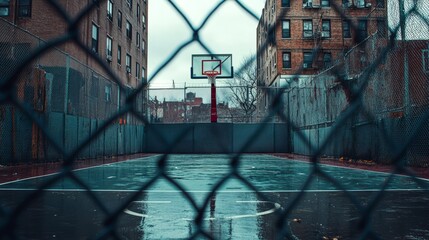 Outdoor basketball court in a small urban stadium, surrounded by chain-link fences