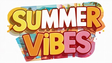 Summer Vibes, Colorful Typography with Beach Collage -  Perfect for Summer Greetings, Social Media Posts and  Summer Vacation Designs