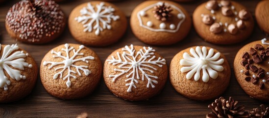 Fototapeta premium Decoratively iced homemade gingerbread cookies arranged on a rustic wooden table for Christmas festivities