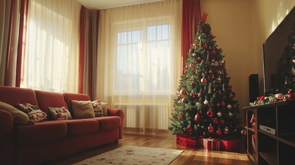 Cozy living room adorned with a beautifully decorated Christmas tree and warm natural light streaming through the windows