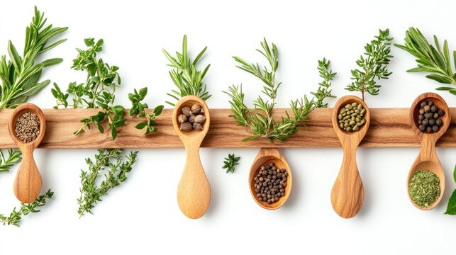 Herbs and spices in wooden spoons arranged on a wooden plank showcasing culinary ingredients against a clean white background