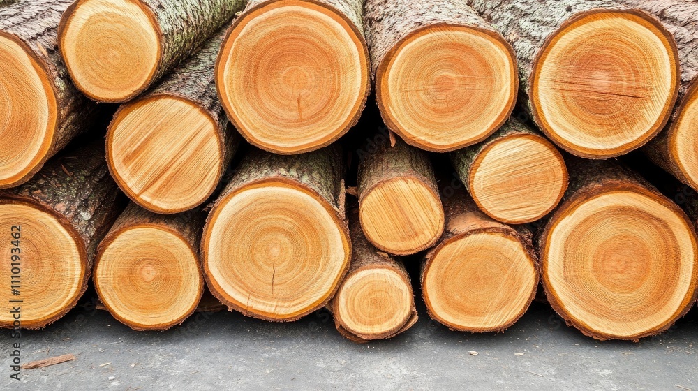Poster cut tree logs stacked in a neat arrangement showcasing wood grain patterns and natural textures in a