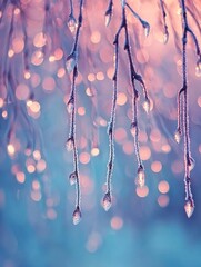 Delicate Frozen Drops on Branches Sparkling Against a Dreamy Background of Soft Pastel Blurs Illuminated by Gentle Light at Twilight