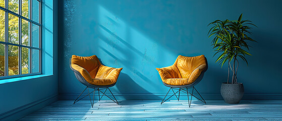 Bright and inviting living room with yellow chairs and a plant against a blue wall in natural light