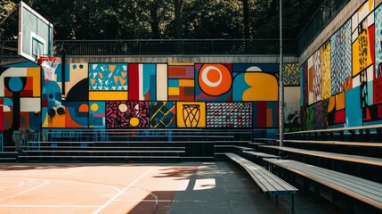 Obraz premium Outdoor basketball stadium with vibrant street art on the walls, empty metal bleachers