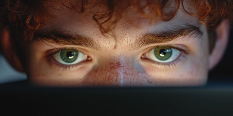 CLOSE UP of the student's green eyes staring intently at his laptop screen.