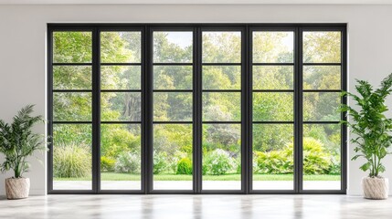 Modern large patio window and door in a newly built home overlooking lush greenery and garden with decorative plants indoors.