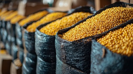 Abundant sacks of yellow corn in warehouse setting for agricultural use