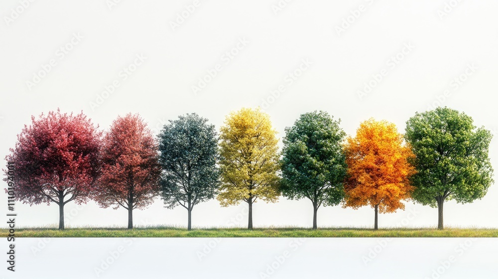 Poster colorful row of isolated trees showcasing seasonal variations against a minimalistic white backgroun