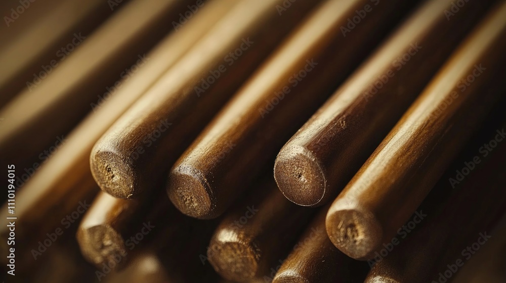 Poster macro close-up of textured wooden sticks arranged in a stack showcasing natural grain and warm tones