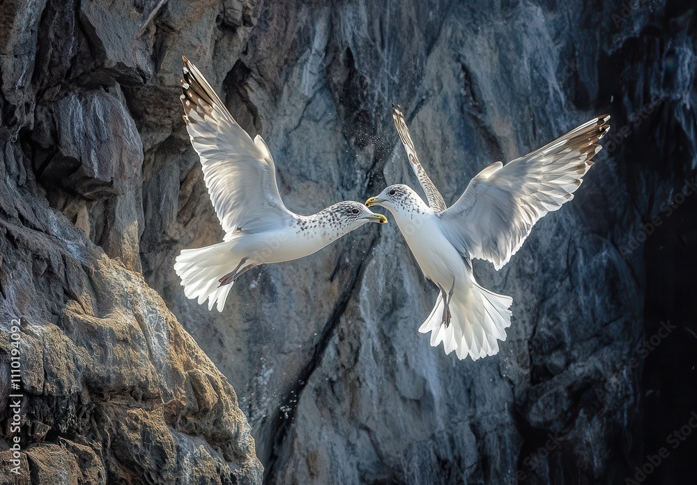 Poster captivating encounter of two seagulls in mid-flight with vibrant feathers displaying dual colors aga