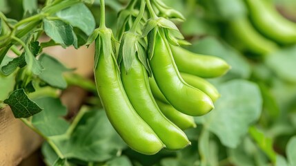 Fresh green snap peas hanging on vine in a vibrant vegetable garden showcasing healthy plant growth and nature's bounty