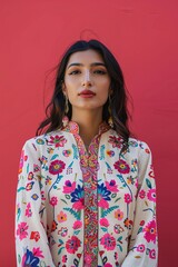 A female model in a casual kurti with a high-low hem and vibrant patterns, against a solid coral pink background, reflecting a playful and trendy everyday style.