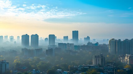 Obraz premium City skyline covered in morning mist at dawn with soft blue and orange hues illuminating the buildings