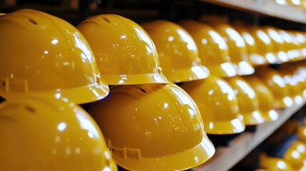 Array of bright yellow safety helmets neatly arranged on shelves in a store for construction and industrial use.