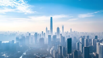 City skyline view showcasing modern skyscrapers in a misty atmosphere during daylight hours