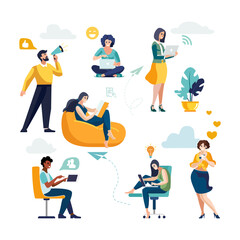 Vector colorful illustration of internet communication, social network, chat, video, news, message, website, find friends, mobile web vector. Young business people at home, guys, man, girls chatting