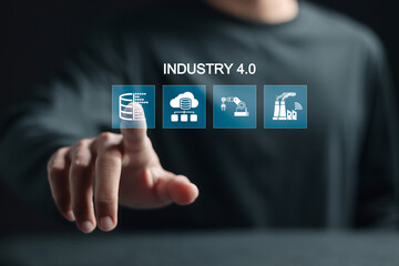 Smart industry 4.0 concept, Data Insight Analysis business industry. Person touching physical...