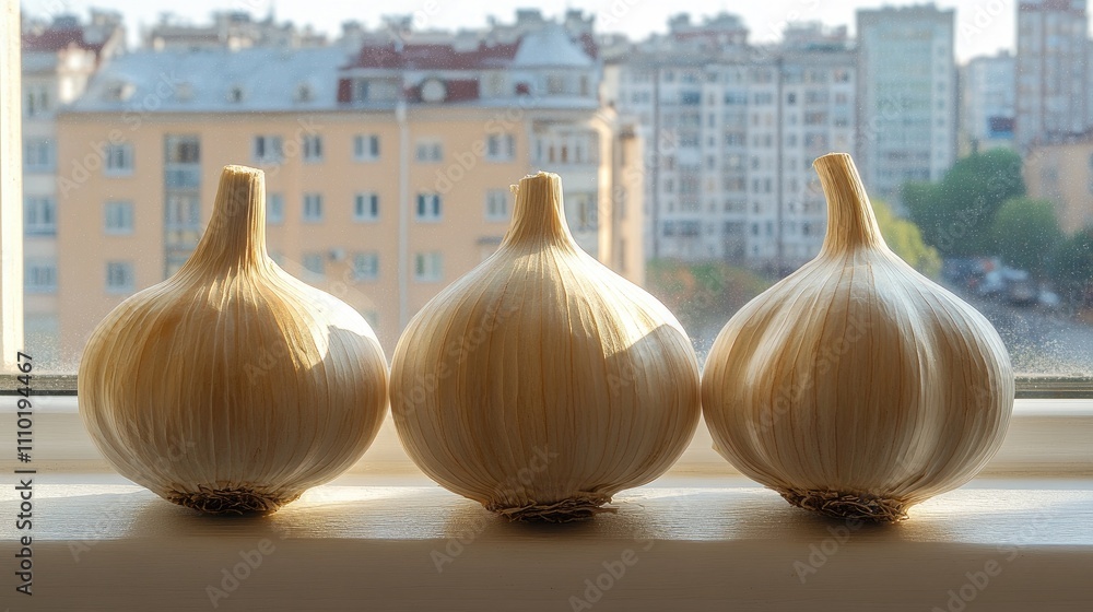 Poster garlic heads arranged on a windowsill with a soft background highlighting natural textures and warm 