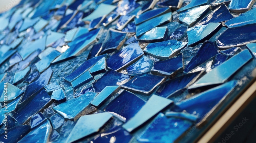 Poster vibrant blue mosaic tiles in various shapes creating a textured surface for artistic design and inte