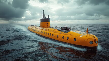 Vibrant yellow submarine navigating through ocean under dramatic sky