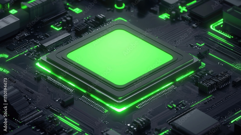 Poster close-up of green modem motherboard with illuminated microcircuitry showcasing intricate electronic 