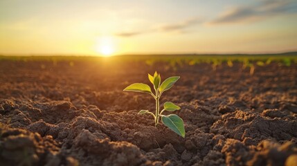 Sunflower seedlings in fertile soil under a sunset sky showcasing agricultural growth and landscape beauty in a serene environment