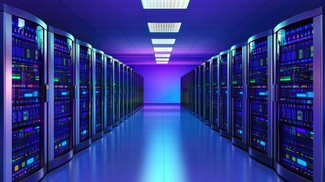 Digital server room with advanced data processing interface showcasing modern technology in global business finance solutions.