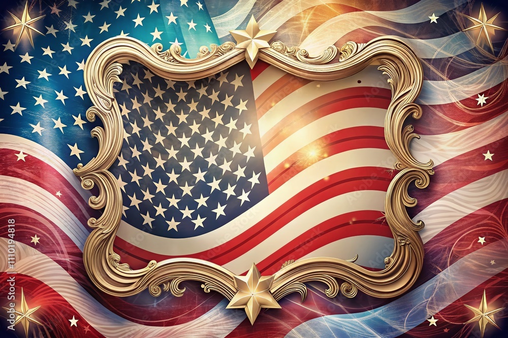 Aufkleber american flag double exposure with wave pattern background, stars and empty space for custom text, i