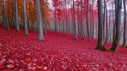 Autumn forest landscape with vibrant red leaves and tall trees in the Euganean hills of Italy showcasing seasonal beauty.