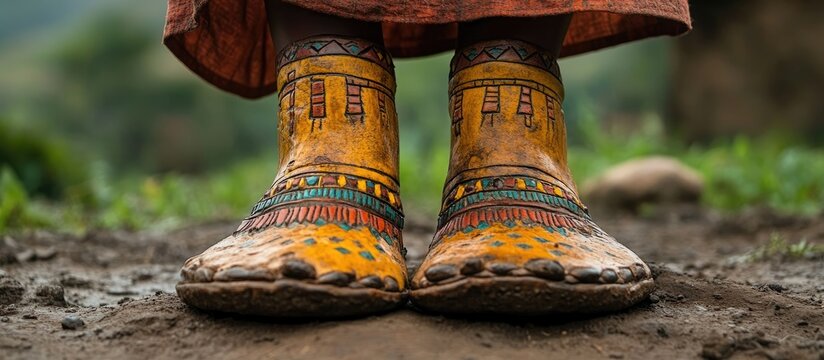 Traditional leather bast shoes adorned with vibrant designs worn by a woman in festival attire during the Ligo festival celebration.