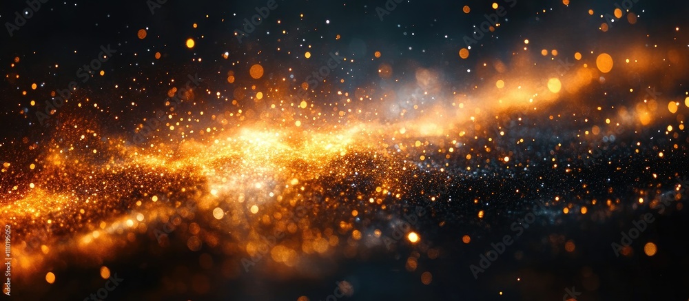 Poster glowing golden sparkles on a dark background creating a magical and ethereal atmosphere for creative