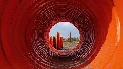 Abstract view of vibrant orange striped tunnel pipe with curvature and depth showcasing construction materials against a cloudy sky backdrop.