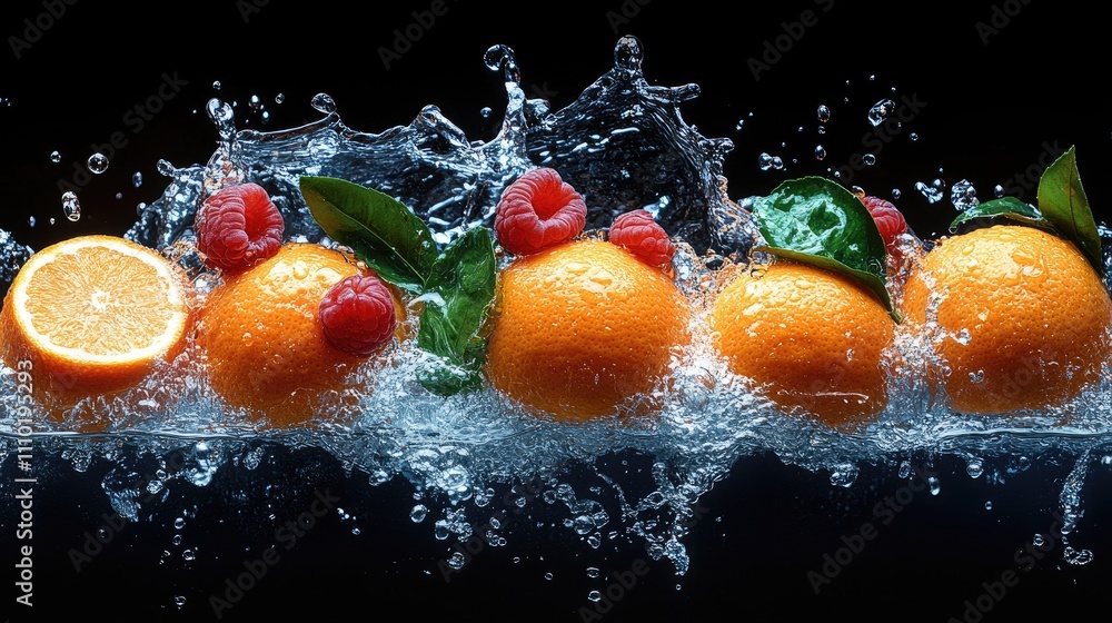 Poster vibrant oranges and raspberries splashing in water showcasing freshness and vitality in a dynamic co