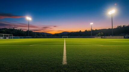 Obraz premium Soccer stadium at dusk, lights just turning on, with the field still in shadow 