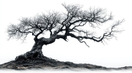 Isolated gnarled dead tree silhouette with intricate branches against a bright white background for artistic and nature-themed compositions