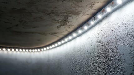 LED strip lighting with aluminum profile mounted on rough wall and concrete ceiling in modern residential home renovation setting