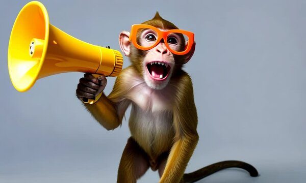 Super sale. Cool monkey with megaphone is making an announcement. Marketing, sale, discount concept. Funny animation