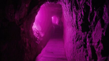 Obraz premium Mysterious tunnel in marble mines illuminated with purple light showcasing unique rock formations and captivating geological features