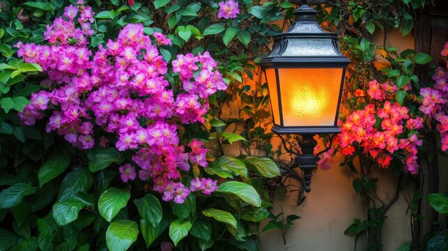 Elegant garden patio adorned with manicured plants and vibrant flowers near a classic lamp in a serene residential backyard setting.