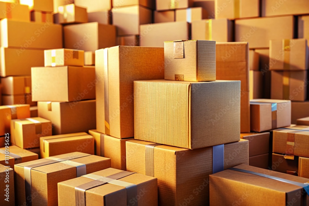 Poster a minimalistic 3d rendering of stacked cardboard boxes and delivery packages isolated on a simple ba