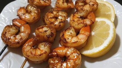 Grilled tiger shrimp skewers garnished with lemon slices on a white plate ideal for seafood lovers and culinary presentations