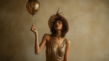 Naklejka premium A Woman wearing a festive gold dress with sparkling New Year's makeup