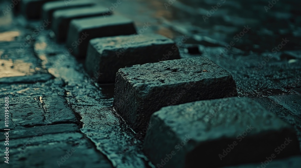 Poster gray pressed paving blocks on a wet road surface creating an urban pathway with reflections and text