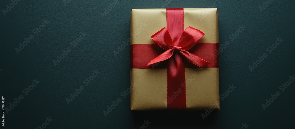 Poster handmade gift with red ribbon placed on dark backdrop showcasing elegant presentation and ample copy