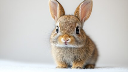 Obraz premium Cute brown baby rabbit sitting on a white background showcasing its fluffy fur and expressive eyes with a gentle and adorable appearance